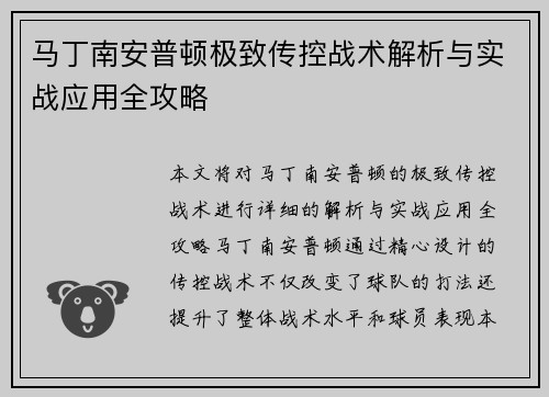马丁南安普顿极致传控战术解析与实战应用全攻略 马丁南安普顿极致传控战术解析与实战应用全攻略